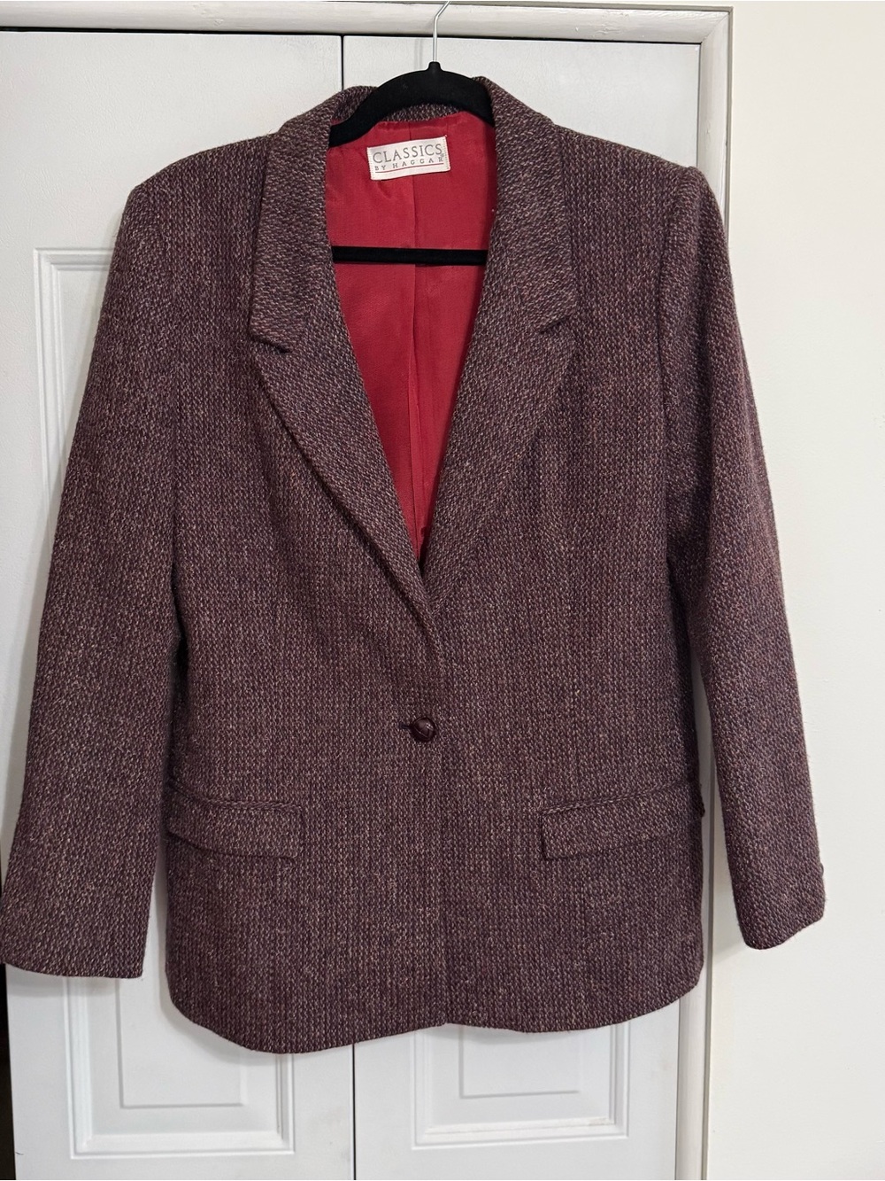 Vtg Haggar Women's Burgundy Plum Wool Tweed Single Breasted Blazer Jacket